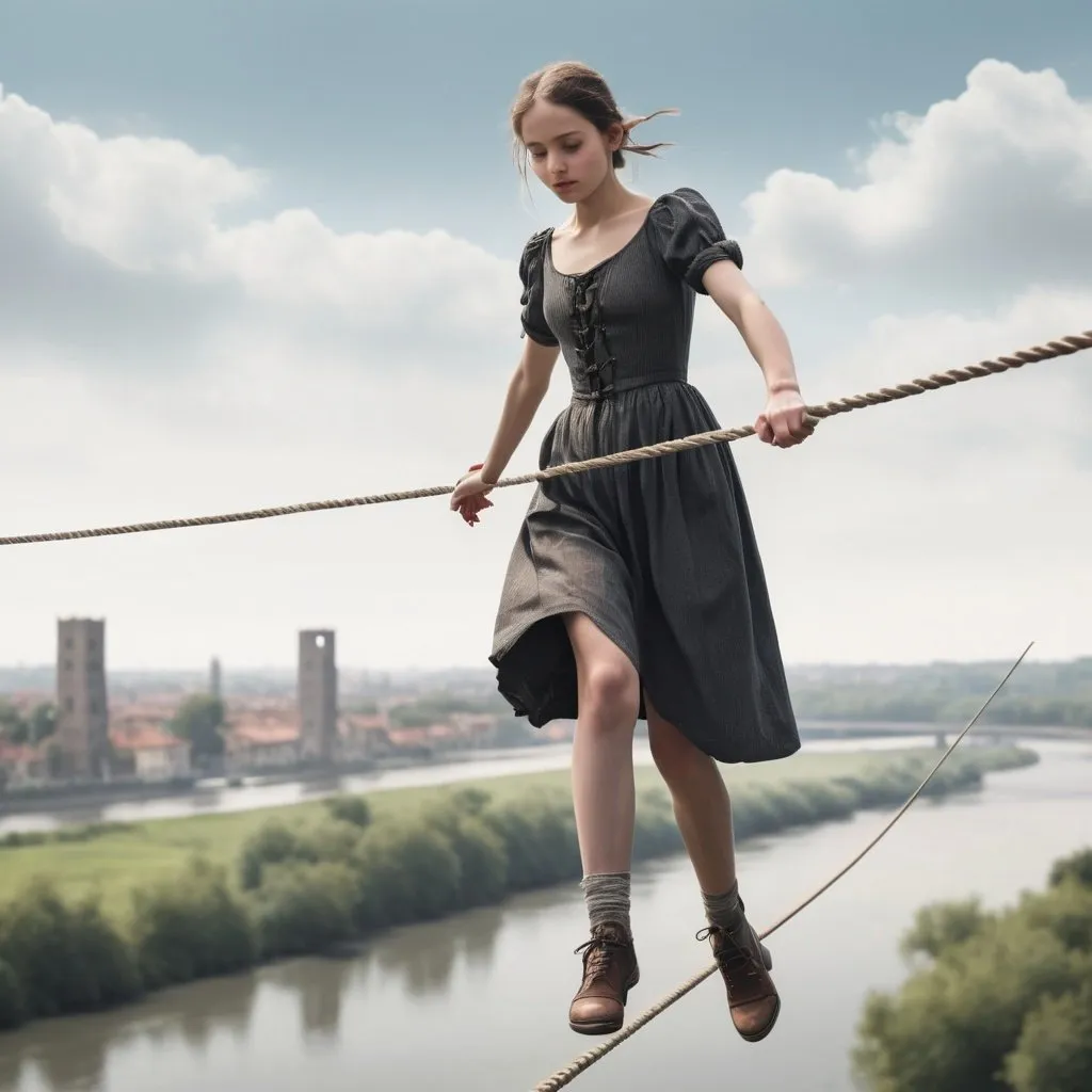 Prompt: Generate an image of a girl walking on a tightrope over a river between two towers