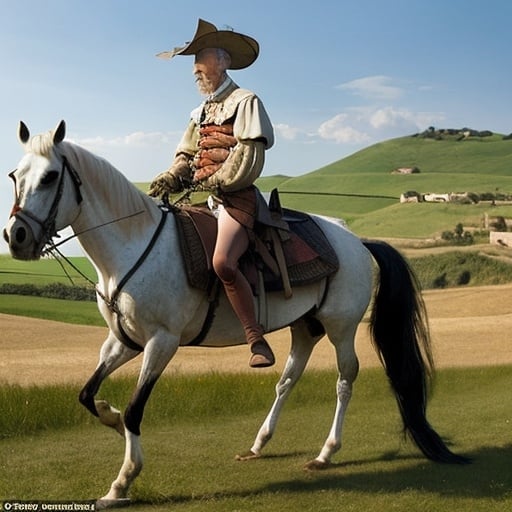 Prompt: Describe the relationship between Don Quixote and his horse, highlighting their bond and loyalty to each other Create a scenario where Don Quixote is riding his skinny horse through the countryside