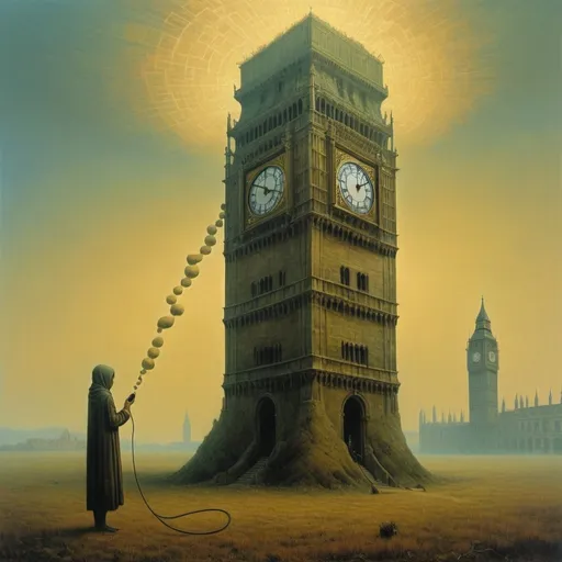 Prompt: Generate an asymmetric image of Umbria. Zdzisław Beksiński – a vacuum women feeding the human body. Apply the big ben London A huge telephone in the sky, the creature is holding this telephone in his hand. A figure made of geometric shapes. telephone. Umbria.