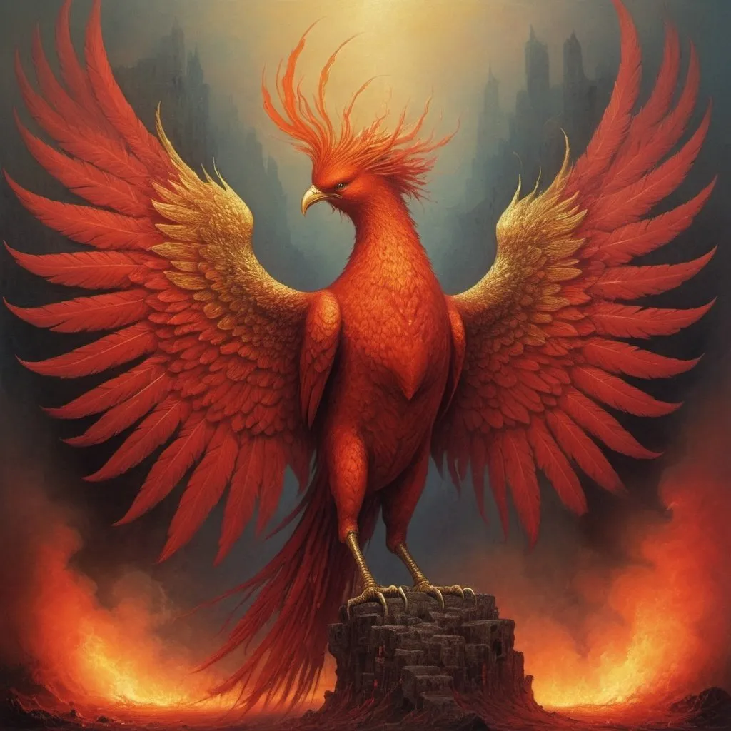 Prompt: Create, in the style of Zdzisław Beksiński, a phoenix, a scarlet bird whose wings burn with living fire. Its tail and beak are made of gold and its claws are mythological in style and have great magical power. Below it are small human-shaped figures. Use umbria and sanguine colors