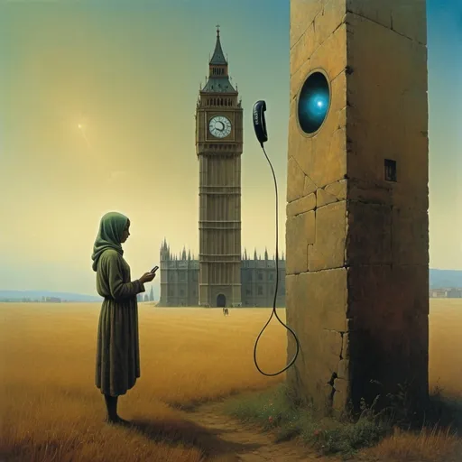 Prompt: Generate an asymmetric image of Umbria. Zdzisław Beksiński – a vacuum women feeding the human body. Apply the big ben London A huge telephone in the sky, the creature is holding this telephone in his hand. A figure made of geometric shapes. telephone. Umbria.