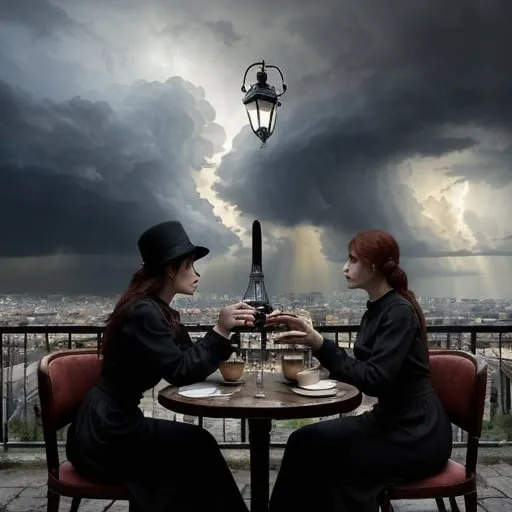 Prompt: Create a sinister character inspired by Zdzisław Beksiński.  Paris in the 1820s Two women are sitting in a street city Paris cafe with a cup of coffee and a glass of wine. Generate a gas street lamp. Umbria and Sanguine. Generate warm colors. The sun gently breaks through the storm clouds.The sky is delicately blue