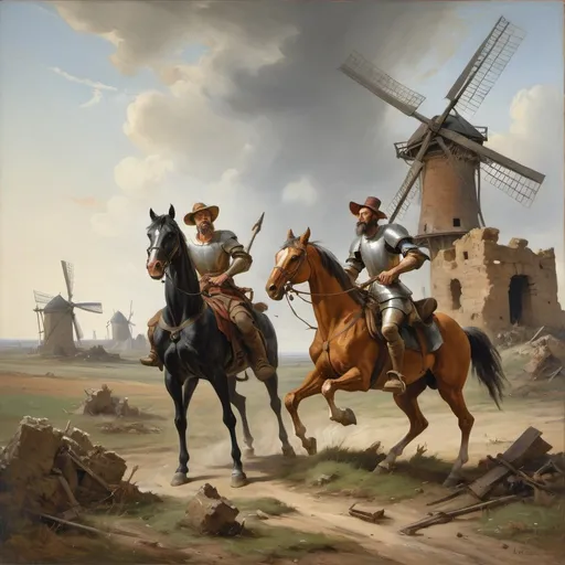 Prompt: styles LUDVIG JACOBSEN Create an impressionistic scene depicting the fight of the gaunt, gaunt Don Quixote and his skinny horse with windmills on a windswept plain with the ruins of the defeated windmills in the background