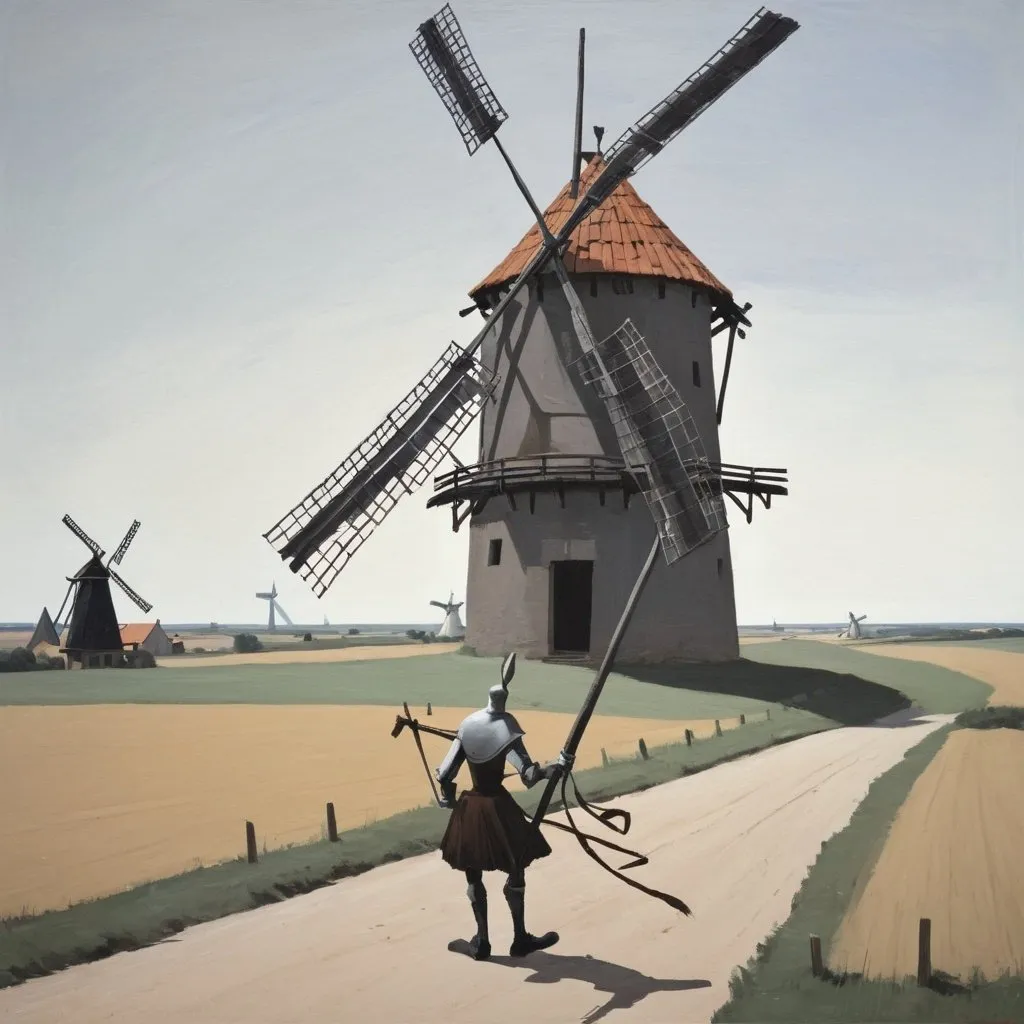 Prompt: apply styles WILHELM SASNAL don quixote   fight with a windmill