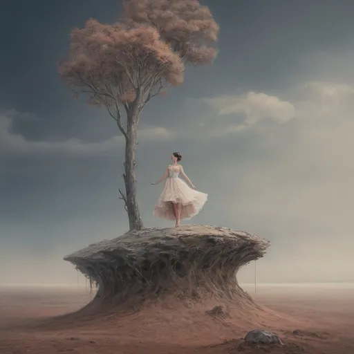 Prompt: The painting shows a mysterious person standing on the edge of a floating clump of earth. The woman is in a ballerina costume. The woman is very visible, she looks in sharp focus towards a lonely tree. The tree is very visible, high sharpness and contrast. skies. The scene is ethereal with floating clumps of earth against a cloudy sky. The woman is in a ballerina costume. T The sky is painted in shades of blue, white and pink, giving it an unreal appearance. Apply umbria and sanguine. The clouds are fluffy. The image of surrealism is visible when tufts, lumps of earth float among the clouds. The lumps of earth without any support have no connection with the earth.