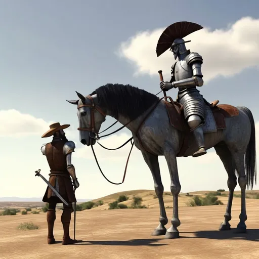 Prompt: Describe the relationship between Don Quixote and his horse, highlighting their bond and loyalty to each other. Describe the determination of Don Quixote and his skinny horse as they face obstacles on their journey
