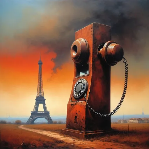 Prompt: Generate an asymmetric image. Oil painting. The style of the painter Zdzisław Beksiński A huge landline telephone, broken, rusty in the sky, a blurred figure. A hideous figure. Figure made of geometric shapes. sanguine, umbria. Paris Eiffel Tower