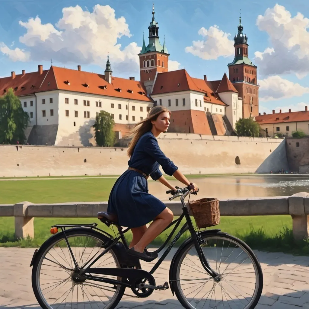 Prompt: Generate an oil painting of a woman riding a bicycle against the background of the Wawel Castle in Krakow in Kossak's style