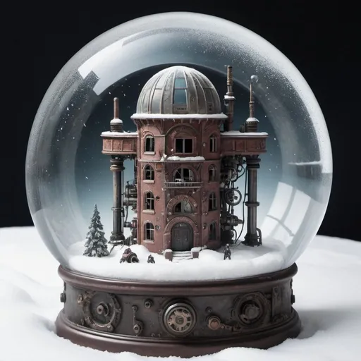 Prompt: dystopian mechanical world with an ongoing war inside a snow globe