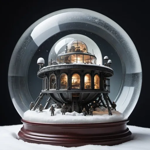 Prompt: dystopian mechanical world with an ongoing war inside a snow globe