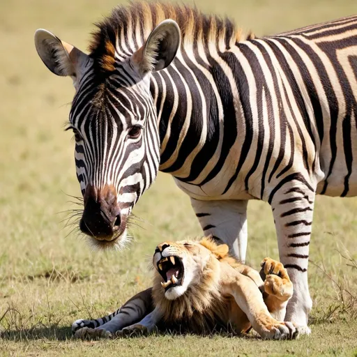 Prompt: a zebra eating a lion
