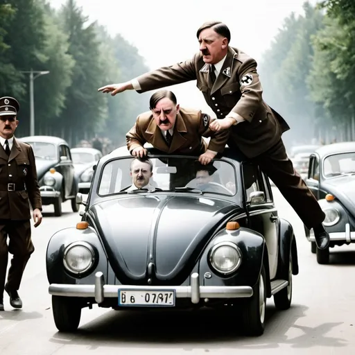 Prompt: Hitler being run over by a Volkswagen Beatle