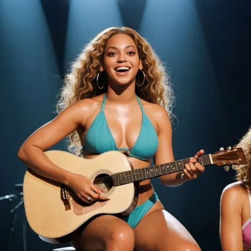 Prompt: Young Beyonce sitting down singing in concert strumming her acoustic guitar and wearing bathing suit