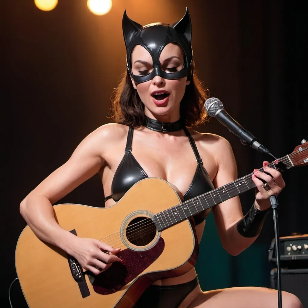 Prompt: Catwoman singing in concert wearing skimpy revealing swimsuit sitting down and srumming her acoustic guitar.