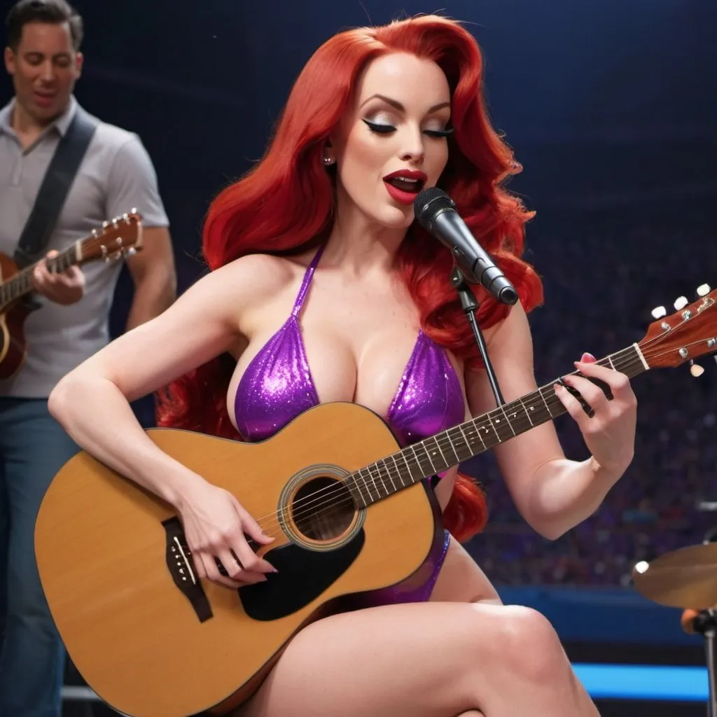 Prompt: Jessica Rabbit singing in concert superbowl halftime concert wearing swimsuit sitting down and strumming her acoustic guitar showing off her legs