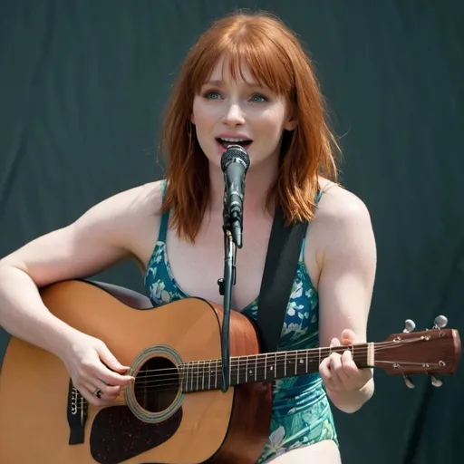 Prompt: Young Bryce Dallas Howard singing in concert wearing swimsuit strumming acoustic guitar she is sitting down