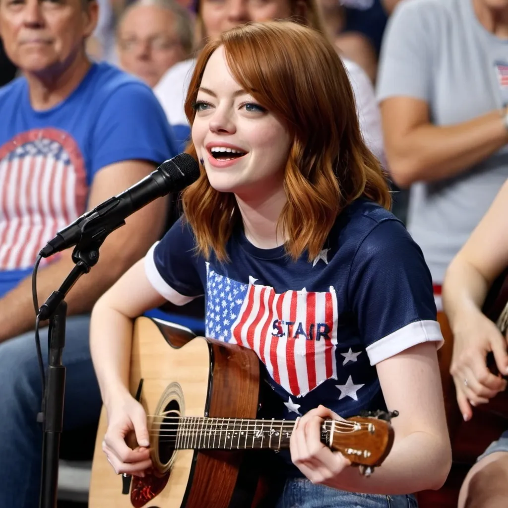 Prompt: Emma Stone sitting down wearing patriotic shirt singing Star Spangled Banner at sport's game strumming her acoustic guitar and wearing short shorts she is sitting down as she sings.