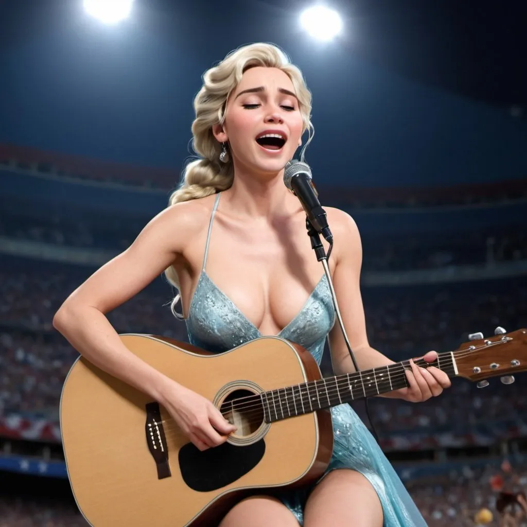 Prompt: Elsa wearing a revealing high slit to the waist dress sings The Star Spangled Banner at a sport's game while playing acoustic guitar with microphone.