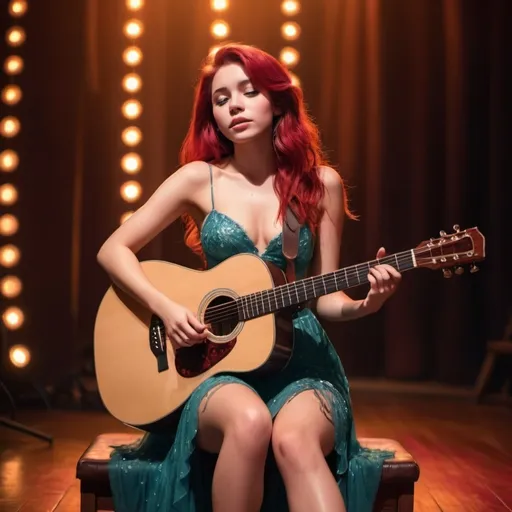 Prompt: (Ariel), emotional performance, acoustic guitar, sitting down, wearing revealing slit to the thigh dress (showing off her legs), (tears coming out of her eyes), vibrant colors, warm lighting, (dreamy atmosphere), stage backdrop, cheerful audience, soft focus, detailed facial expression, enchanting surroundings, intense gaze, HD, (whimsical, emotional,vibe).