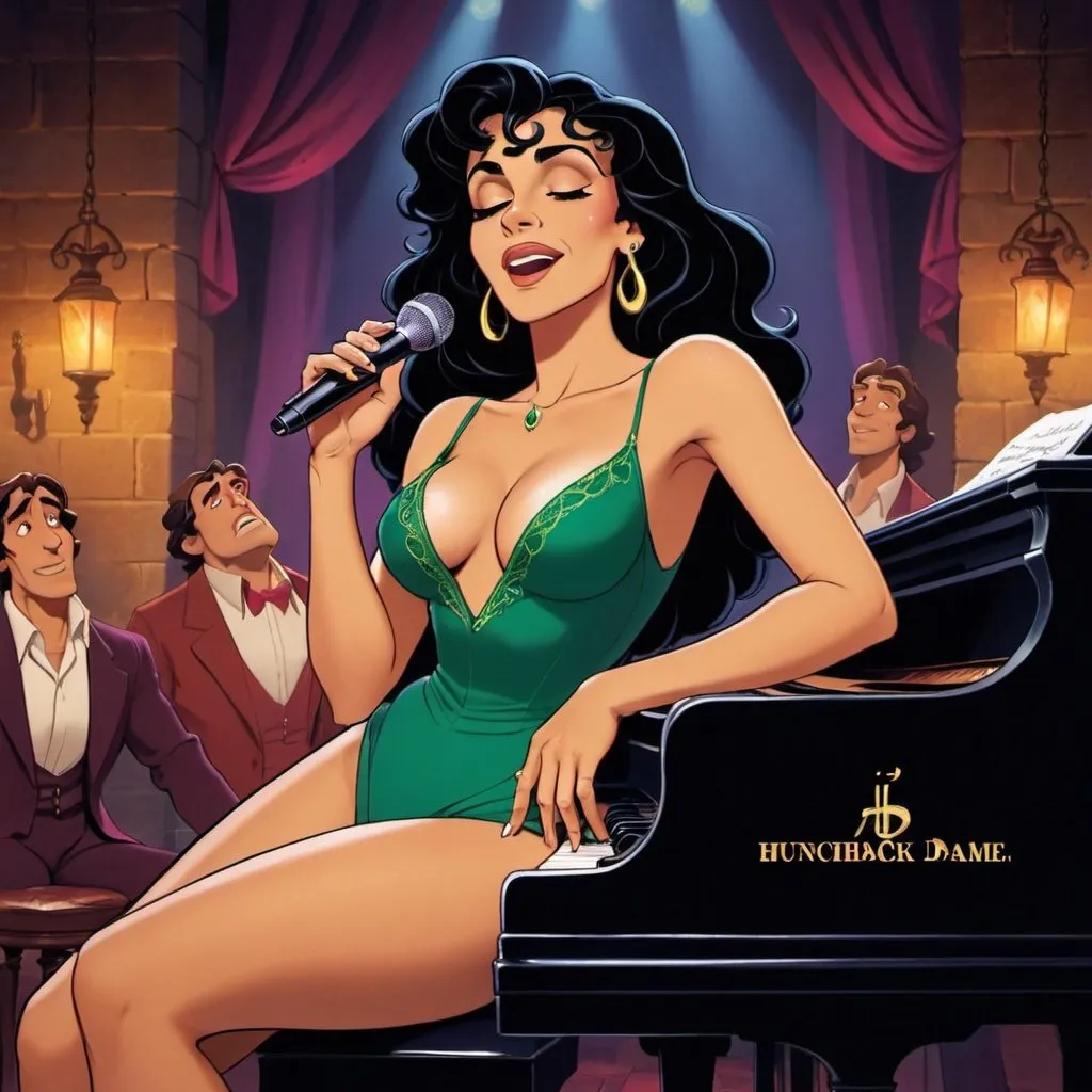 Prompt: Esmeralda from the Hunchback of notre dame as a lounger singer with a slit on dress singing in a club while laying on a piano.