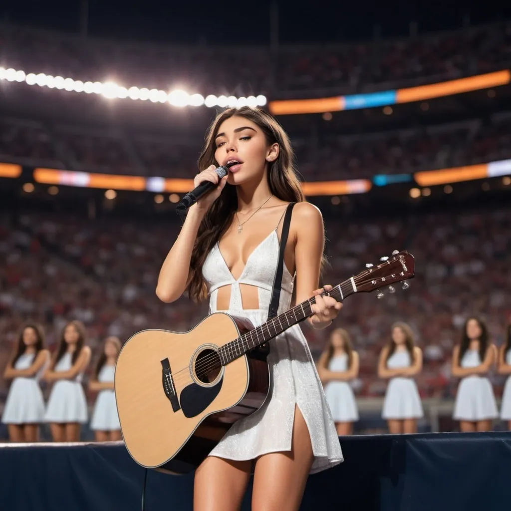 Prompt: Madison Beer singing in sport's stadium singing national anthem sitting down strumming her acoustic guitar wearing a slit to the thigh and waist dress and crossing her legs as she sings.