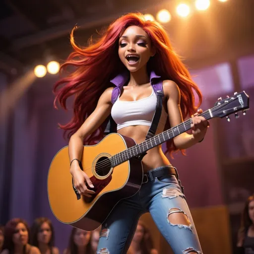 Prompt: Starfire from Teen Titans singing in concert sitting down strumming her acoustic guitar wearing very ripped and torn jeans and showing off her legs she is sitting down.