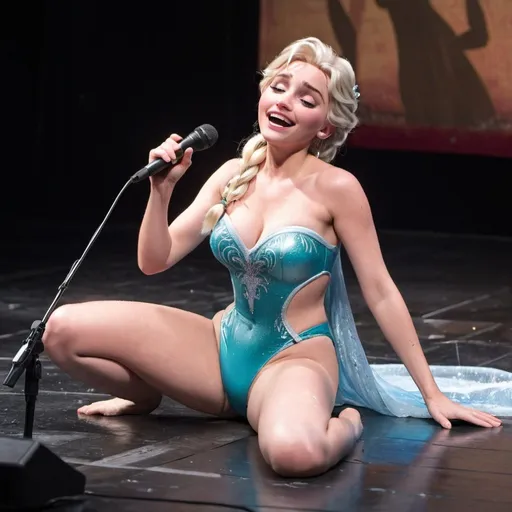 Prompt: Elsa from Frozen singing in concert wearing skimpy bathing suit and laying down on the dirty stage floor on the stage floor while holding microphone
