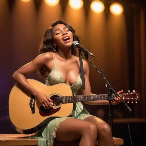 Prompt: (Tiana),  singing a ballad in a concert, emotional performance, holding an acoustic guitar, sitting down, wearing revealing slit to the thigh dress (showing off her legs), (tears coming out of her eyes), vibrant colors, warm lighting, (dreamy atmosphere), stage backdrop, cheerful audience, soft focus, detailed facial expression, enchanting surroundings, intense gaze, HD, (whimsical, emotional,vibe).