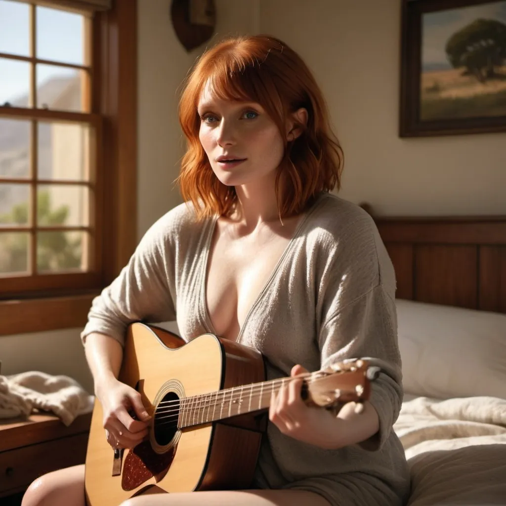 Prompt: Bryce Dallas Howard sitting on her bed singing and strumming her acoustic guitar wearing bathing suit and crossing her legs.