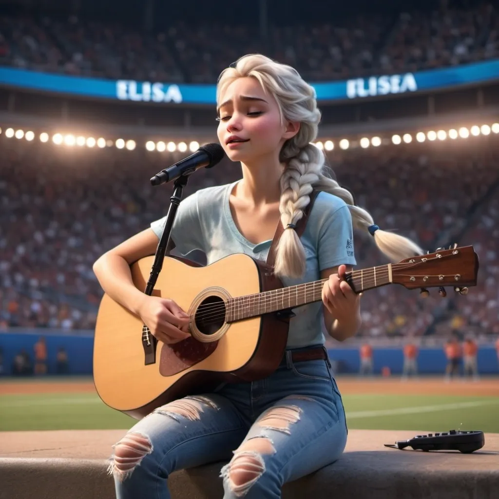 Prompt: Elsa singing US national anthem at sport's stadium sitting down strumming an acoustic guitar and wearing ripped torn jeans showing off her skin. Olivia Rodigo is sitting down and strumming her acoustic guitar.