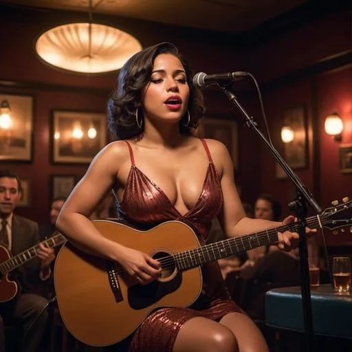 Prompt: America Chavez singing in a jazz club as a lounge singer strumming her acoustic guitar while wearing a revealing slit to the thigh and waist dress sitting down and showing off her legs.