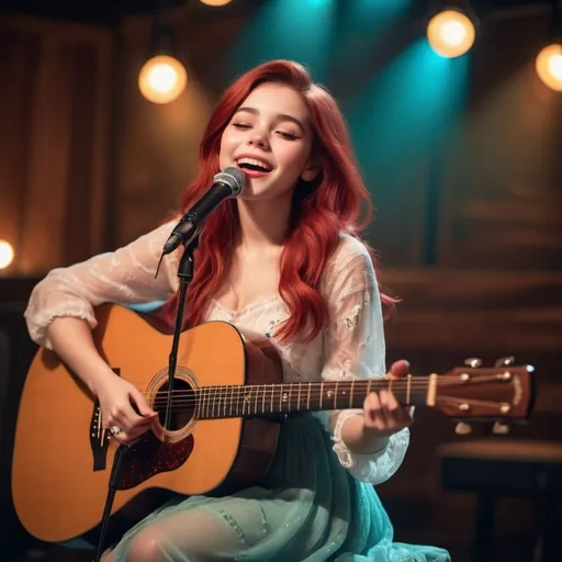 Prompt: (Ariel singing), emotional performance, acoustic guitar, sitting down, (showing off her legs), vibrant colors, warm lighting, (dreamy atmosphere), stage backdrop, cheerful audience, soft focus, detailed facial expression, enchanting surroundings, intense gaze, HD, (whimsical, joyful vibe).