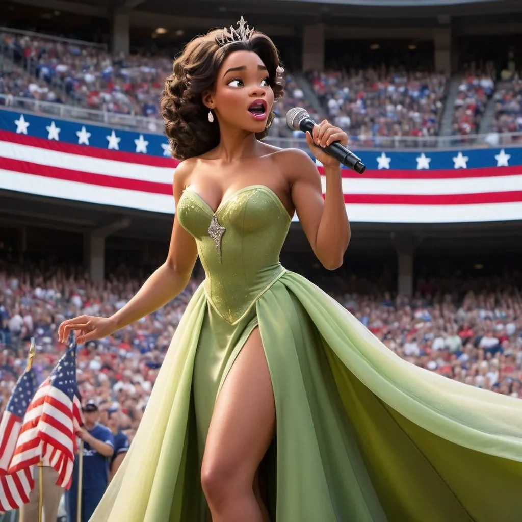 Prompt: Princesss Tiana wearing a revealing high slit to the waist dress sings The Star Spangled Banner at a sport's game