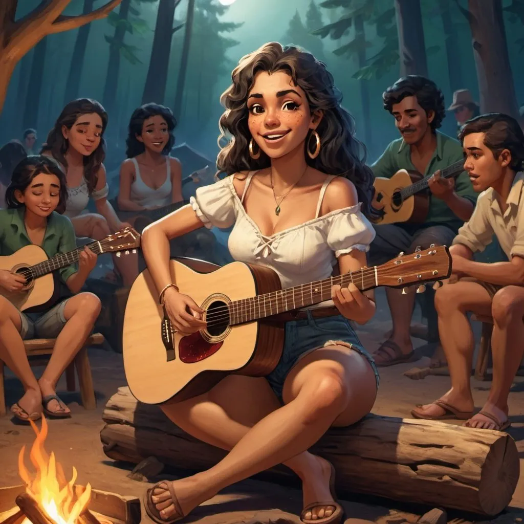 Prompt: Esmeralda sitting down in a log near a crowded campfire singing wearing very short shorts while strumming her acoustic guitar and crossing her legs.