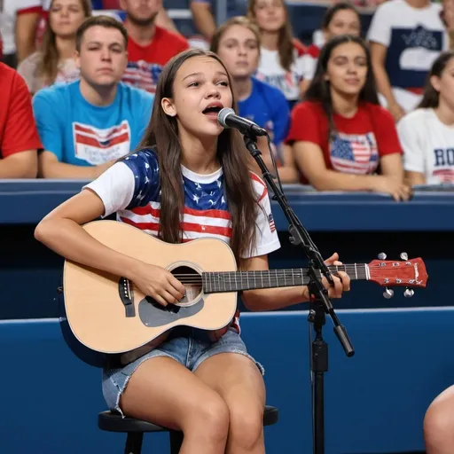 Prompt: Olivia Rodrigo sitting down wearing patriotic shirt singing Star Spangled Banner at sport's game strumming her acoustic guitar and wearing short shorts she is sitting down as she sings.