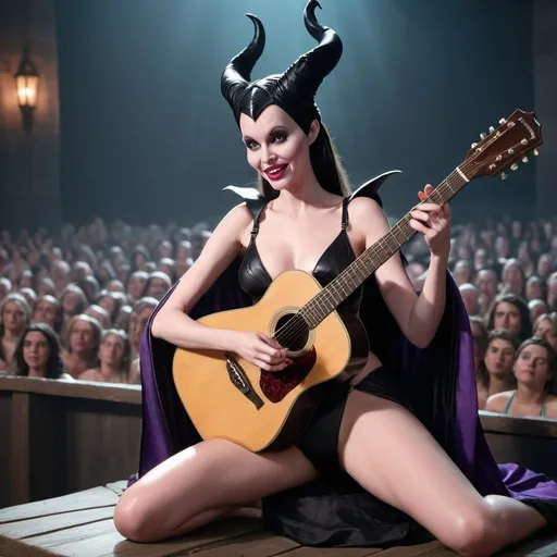 Prompt: Maleficent sitting down singing in huge concert strumming her acoustic guitar and wearing extremely skimpy bathing suit and showing off her legs.