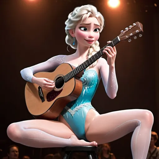 Prompt: Elsa singing in concert sitting down wearing leotard strumming acoustic guitar showing off her legs.