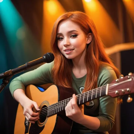 Prompt: (Kim Possible), emotional performance, acoustic guitar, sitting down, (showing off her legs), vibrant colors, warm lighting, (dreamy atmosphere), stage backdrop, cheerful audience, soft focus, detailed facial expression, enchanting surroundings, intense gaze, HD, (whimsical, joyful vibe).