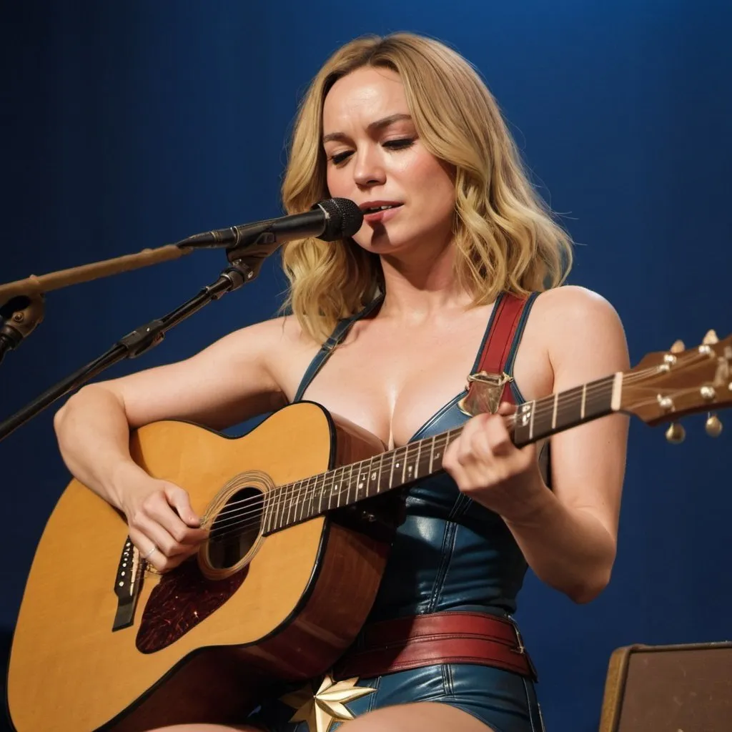 Prompt: Captain Marvel sitting down singing playing acoustic guitar in concert wearing very skimpy and revealing outfit