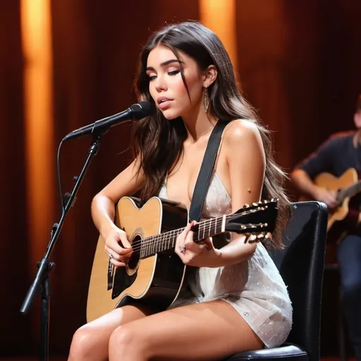 Prompt: (Madison Beer), emotional performance, acoustic guitar, sitting down, wearing revealing slit to the thigh dress (showing off her legs), (tears coming out of her eyes), vibrant colors, warm lighting, (dreamy atmosphere), stage backdrop, cheerful audience, soft focus, detailed facial expression, enchanting surroundings, intense gaze, HD, (whimsical, emotional,vibe).