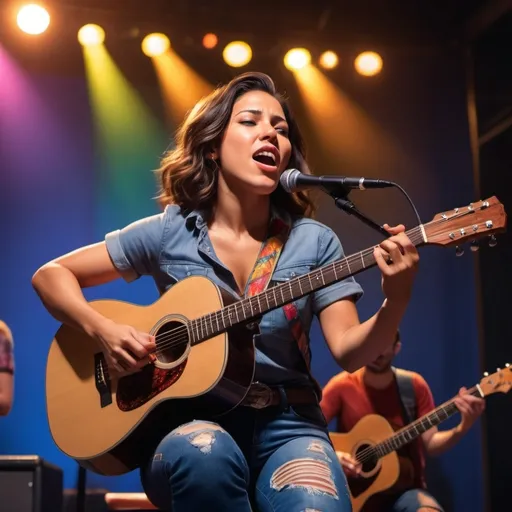 Prompt: America Chavez singing in concert sitting down strumming her acoustic guitar wearing ripped torn jeans showing off her legs.