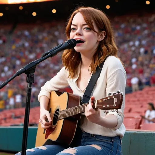 Prompt: Emma Stone singing US national anthem at sport's stadium sitting down strumming an acoustic guitar and wearing ripped torn jeans showing off her skin. Olivia Rodigo is sitting down and strumming her acoustic guitar.