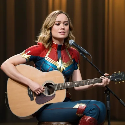 Prompt: Brie Larson as Captain Marvel sitting down singing in concert playing acoustic guitar showing off her legs.