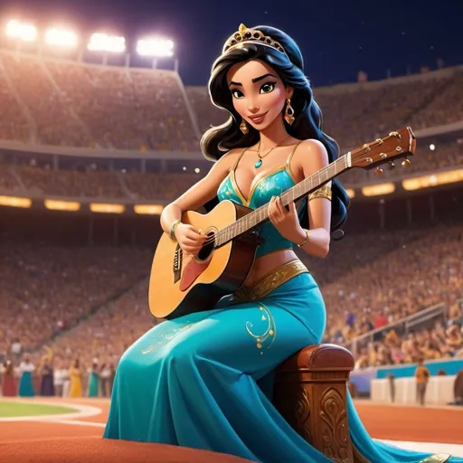 Prompt: (Princess Jasmine wearing a high slit to the waist dress), performing the US national anthem, sitting down, playing an acoustic guitar, vibrant stadium atmosphere, cheering crowd, warm lighting, cinematic depth, detail on dress fabric, expressing passion, joyful ambiance, ultra-detailed HD, color-rich scene, capturing the essence of a festive sports event.