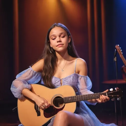 Prompt: (Olivia Rodrigo), emotional performance, acoustic guitar, sitting down, wearing revealing slit to the thigh dress (showing off her legs), (tears coming out of her eyes), vibrant colors, warm lighting, (dreamy atmosphere), stage backdrop, cheerful audience, soft focus, detailed facial expression, enchanting surroundings, intense gaze, HD, (whimsical, emotional,vibe).