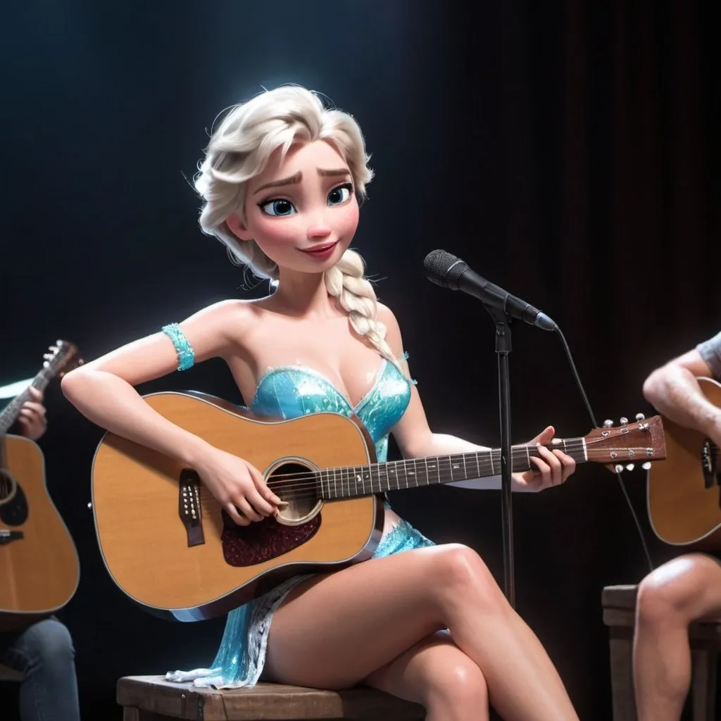 Prompt: Elsa sitting down singing in concert as a country singer wearring a very skimpy outfit with short short shorts and strumming her acoustic guitar.