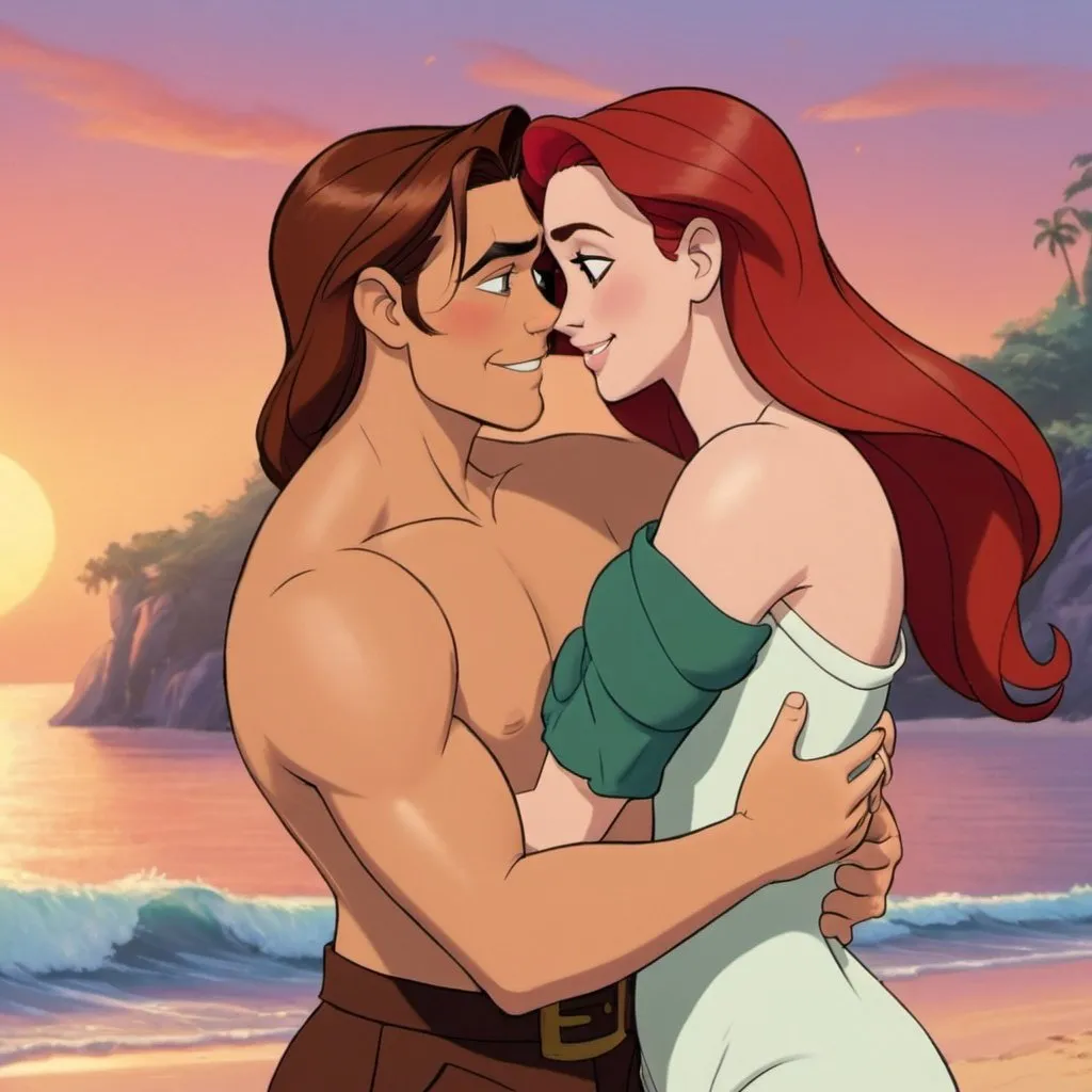 Prompt: Jim Hawkins and Ariel on their honeymoon at a beach hugging each other.