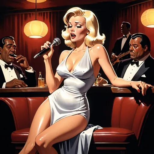 Prompt: Holli Would from Cool World singing in a jazz club as a lounge singer sitting down while wearing a extremeley reavealing slit to the thigh and waist dress while crossing her legs. 