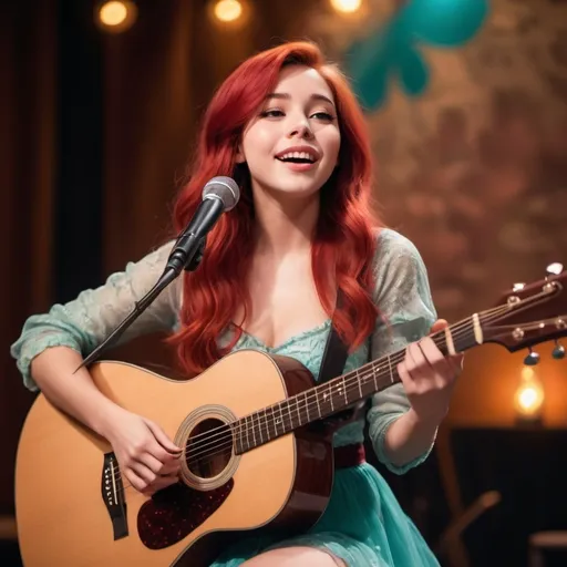 Prompt: (Ariel singing), emotional performance, acoustic guitar, sitting down, (showing off her legs), vibrant colors, warm lighting, (dreamy atmosphere), stage backdrop, cheerful audience, soft focus, detailed facial expression, enchanting surroundings, intense gaze, HD, (whimsical, joyful vibe).