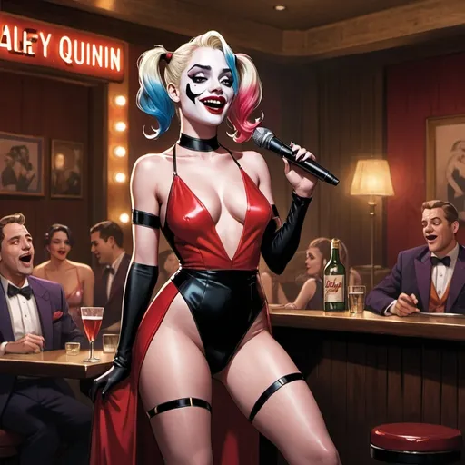 Prompt: Harley Quinn singing in a jazz club as a lounge singer while wearing a revealing slit to the thigh and waist dress sitting down and showing off her legs.